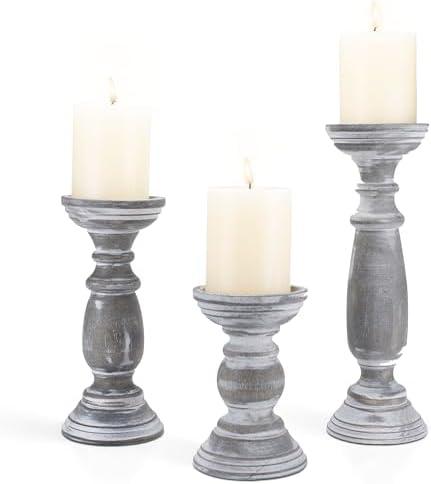 Rustic Wooden Pillar Candle Holders Set of 2 12'' '' 6'' Farmhouse Wood Candle Stand for Table Centerpieces, Vintage Tall Candleholders Fireplace Mantel Decor for Living Room, Grey