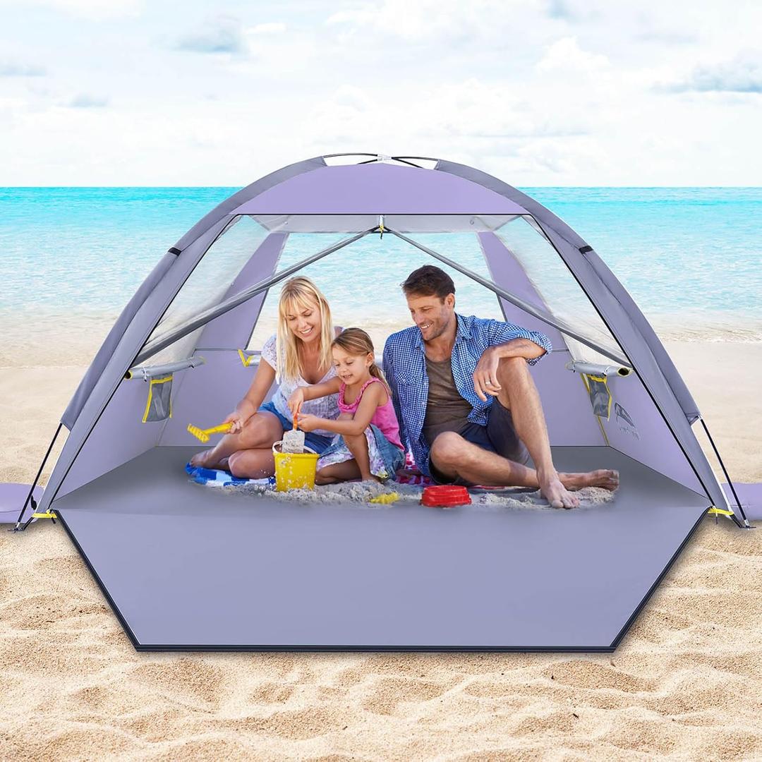 Happy Travel Beach Tent, UPF 50+ UV Protection Sun Shade Shelter for 3/4/5/6/7/8 Person, Portable Beach Canopy for Family & Baby, Lightweight & Easy Setup Beach Cabana with 3 Ventilation Mesh Windows (Purple)