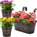 PerGar 3 Pack Metal Railing Planter Box Outdoor, 10.6" Hanging Flower Pots with Detachable Hooks & Drainage Holes, Rail Planter Boxes for Balcony Deck Porch Fence Garden Home Decoration, Black