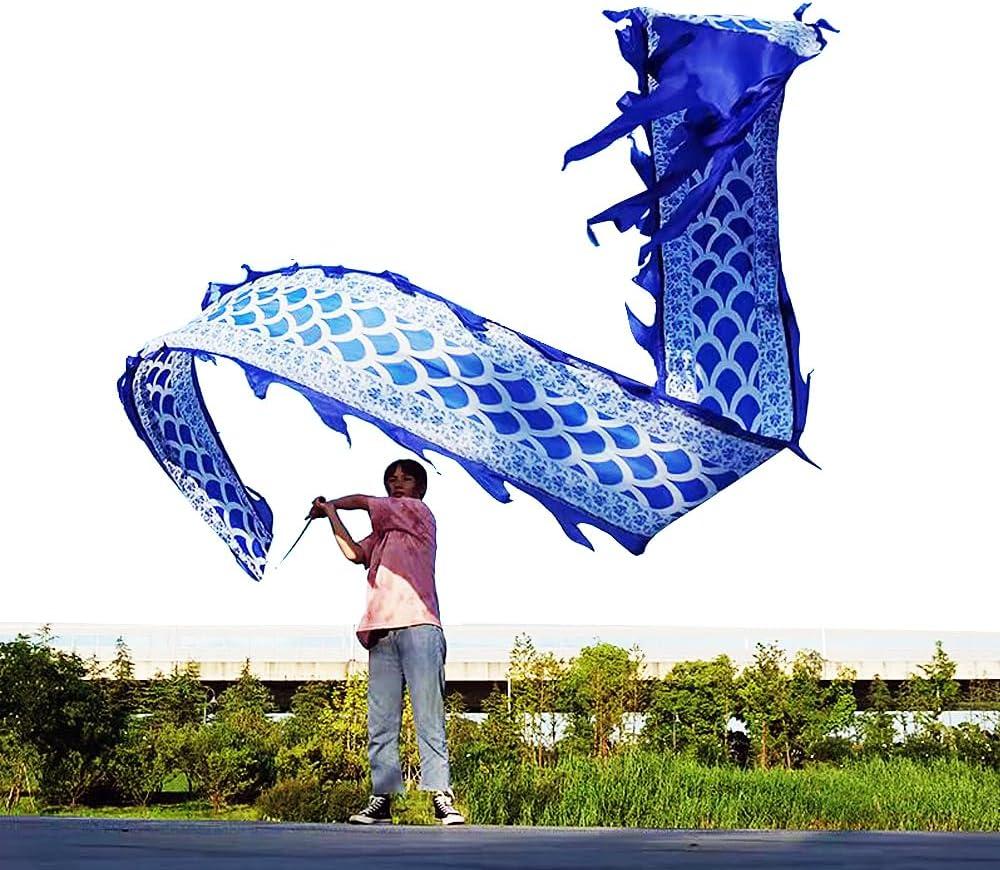 5 Meters (16.4 FT) Blue Scale Dragon Silk-Like Flowy Spinning & Shaking Poi, Outdoor Flinging Fitness Dragon Dance Wu Long 3D Dragon Ribbon Streamer with Adjustable Fiberglass Handstick + Travel Bag!