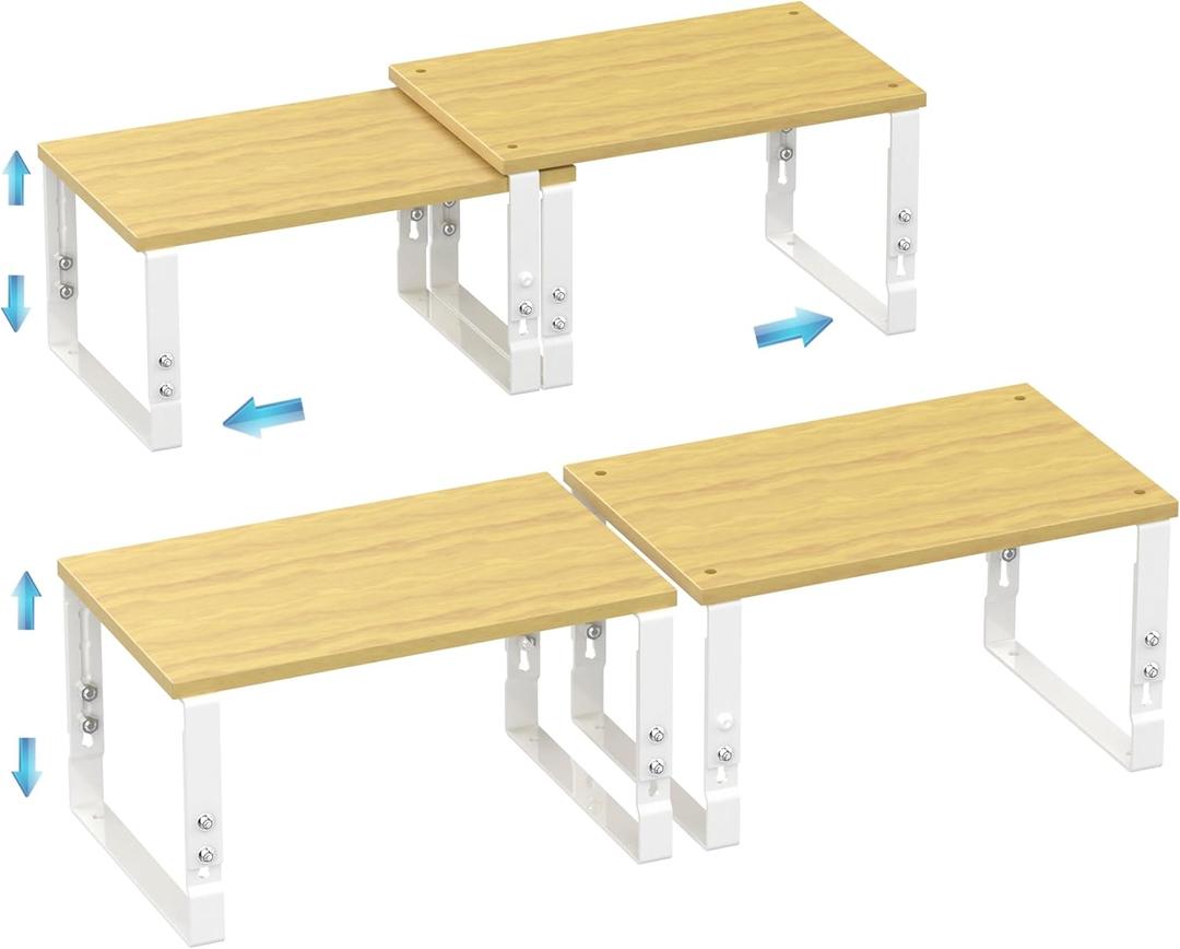 Expandable Kitchen Cabinet Organizer Shelves  Stackable Adjustable Metal and Wood Storage Racks for Countertop, Pantry, Garage Set of 2 Spice Rack  Easy Assembly, Space-Saving(2 Packs/Medium/White) (Medium:11.8"Wx7.48Dx5.5"~8.1"H)