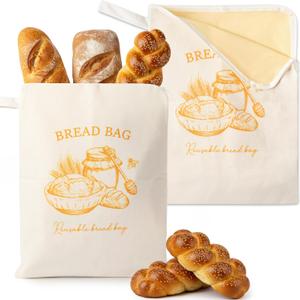 Reusable Beeswax Bread Bags - 2PCS Wide Zipper Access Bees Wax Homemade Sourdough Bread Food Storage Bag, L-shaped XL Coated Cotton Waxed Freezer Freshness Preservation for Home Kitchen Baking