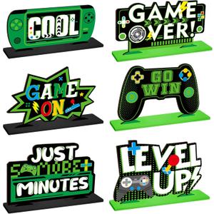Geetery 6 Pcs Video Game Party Centerpieces Wood Level up Birthday Decorations Gaming Desk Decor Pixelated Table Sign for Adults Birthday Party Theme Fans Supplies(Green)