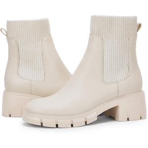 Ruanyu Womens Platform Ankle Boots Elastic Chunky Block Heel Chelsea Booties Lug Sole Non-Slip Combat Shoes (8, Beige White)