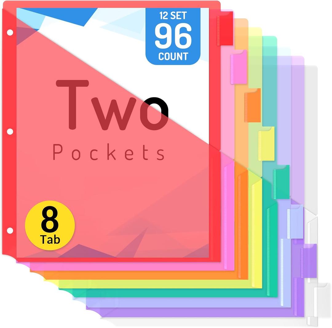 Forvencer 96 Count Dividers with Two Pockets, 8 tabs Binder Dividers for 3 Ring Binder Organizer, Multicolor, 12 Sets (Red)