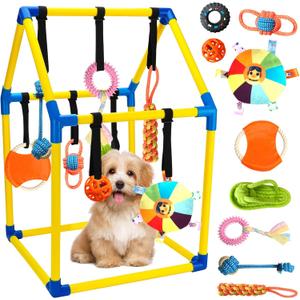 Puppy Play Gym with 9 Hanging Toys, Interactive Dog Enrichment Playground, Removable Indoor Training Activity Center for Puppies & Small Dogs, Adjustable PVC Frame, Teething & Squeaky Toys Included