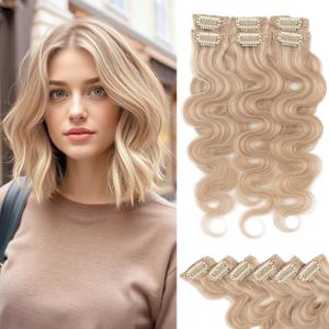 Rich Choices Short Clip In Hair Extensions Real Human Hair-Wave/Curly 6 Pcs Single Clip Hairs Extensions For Women-Mini Clips Hairpieces-10 Inch #22BP613 Champagne Blonde Balayage
