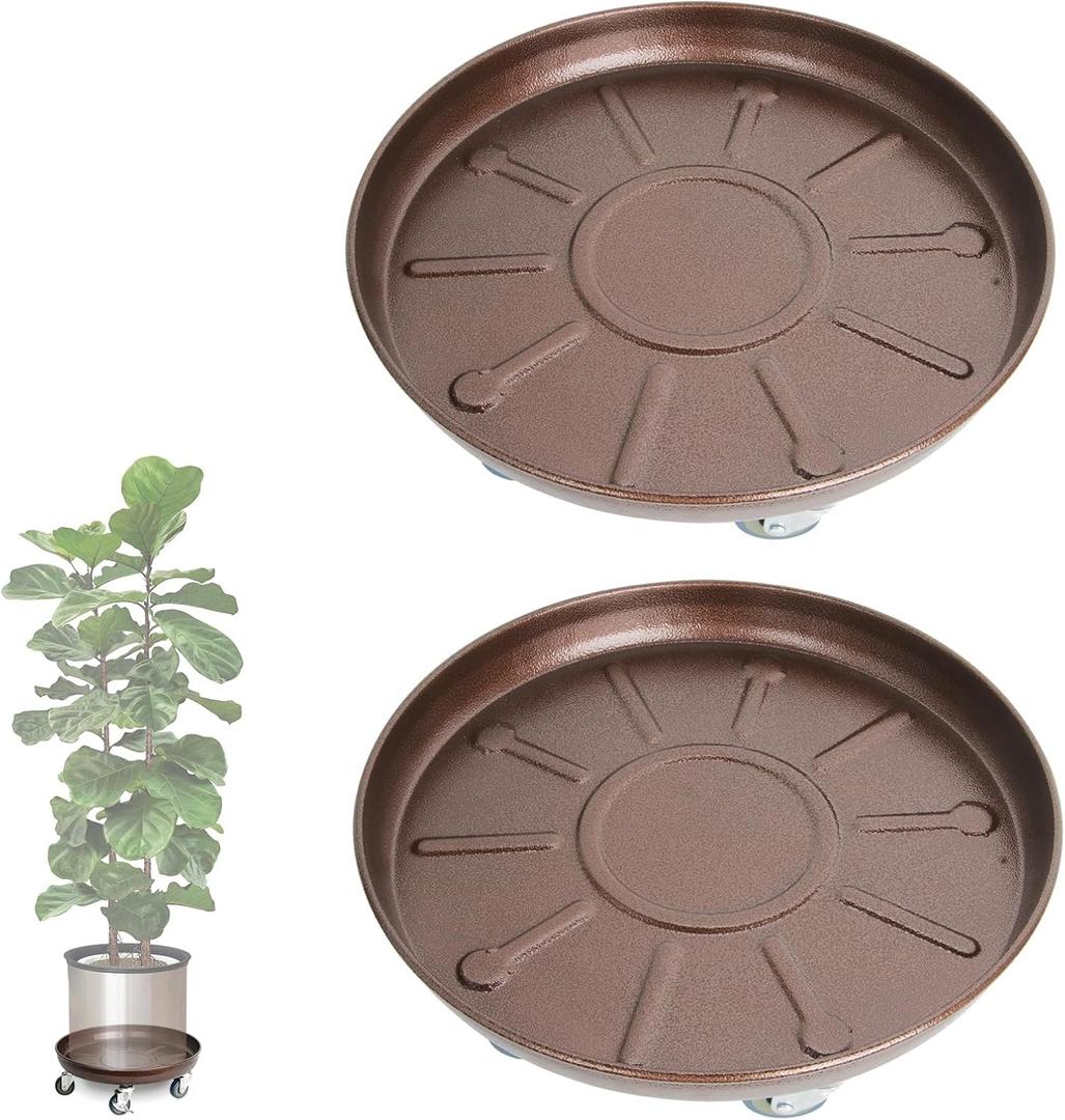 Plant Caddy with Wheels 16 Inch 2 Pack, Heavy Duty Metal Plant Stand & Dolly with Lockable Casters, Holds 230 lbs for Indoor Outdoor Large Flower Pots, Bronze