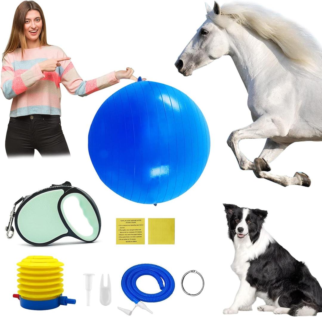 Horse Herding Ball Toy for Dogs with Ears, 16 ft Retractable Dog Leash, Hand Pump and 2 Repair Tapes, Anti-Burst Training Soccer Mega 27” Blue Heelers Pet Play Ball for Dog Equine Shepherd Goat