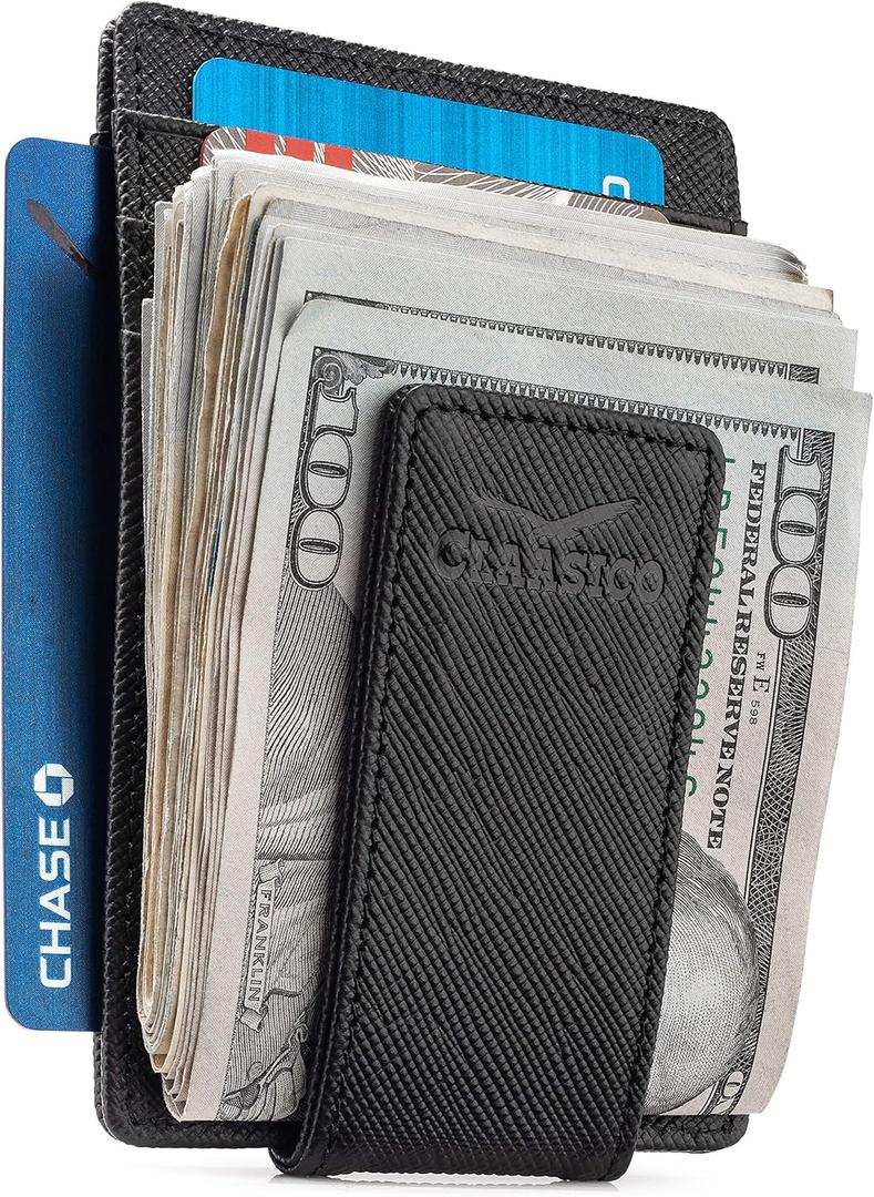 Money Clip Leather Wallet For Men Slim Front Pocket RFID Blocking with Super Strong Magnetic (Crosshatch Black)