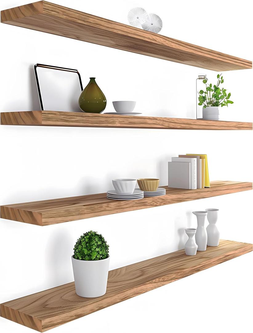 24 Inch Light Wood Floating Shelves for Wall Rustic Wall Shelf for Bedroom Living Room Set of 4