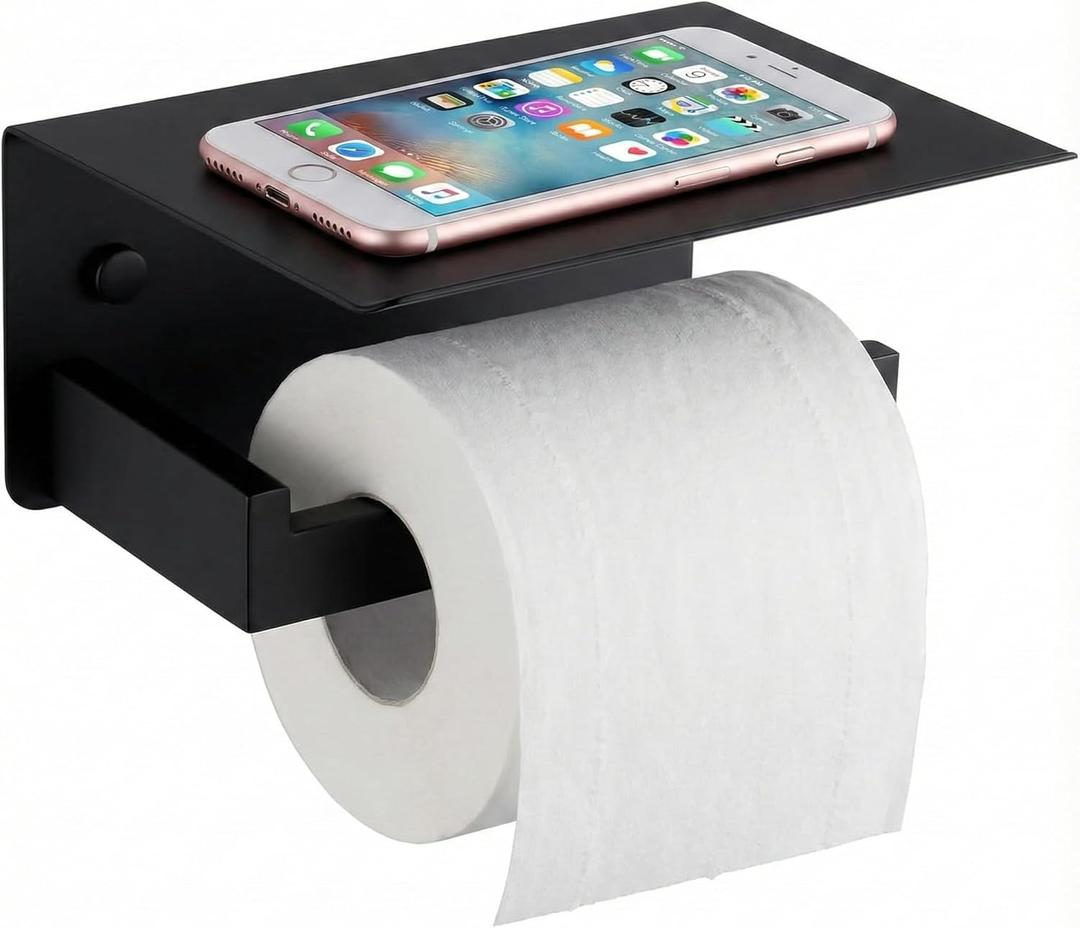 Toilet Paper Holder with Phone Shelf, The Midnight Series - Matte Black Wall Mount Dispenser with Large Storage, Industrial Grade SUS304 Stainless Steel Bathroom Hardware, Rust Proof (Matte Black)