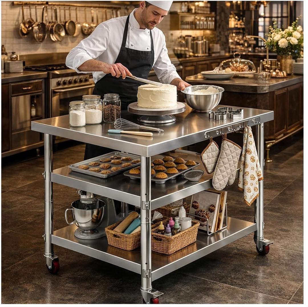 Stainless Steel Prep and Work Table,Kitchen,has Both Fixed Legs and Wheels