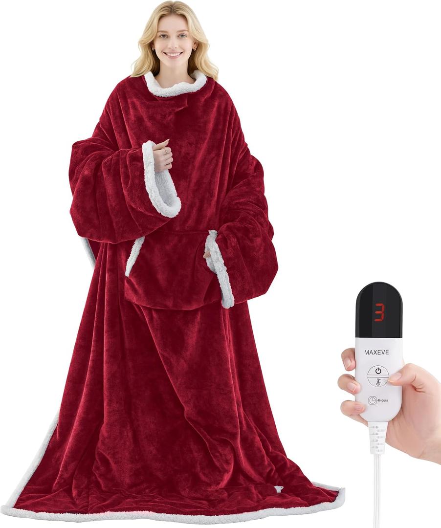 Heated Blanket Wearable Electric Blanket with Foot Pocket and Sleeves, Heating Throw Blanket, Electric Snuggle Blankets, 6 Heating Levels Setting & 4 Hours Auto Shut Off, Machine Washable (Long, Wine)