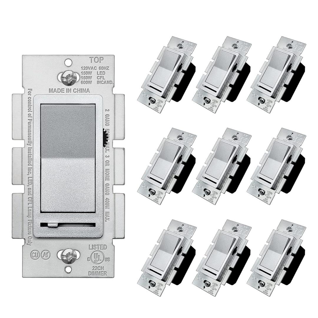 BESTTEN 10 Pack Matte Silver Dimmer Light Switch, Single Pole or 3-Way, Compatible with Dimmable LED, CFL, Incandescent and Halogen Bulb, LED Slide Dimmer Wall Switch, 120VAC, UL Listed