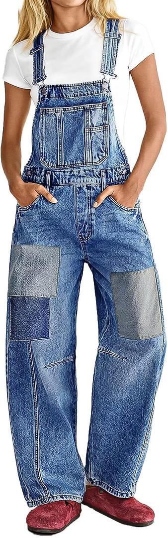 Flamingals Wide Leg Patched Stitch Detail Denim Overalls for Women Casual Jumpsuits with Pockets Mid Blue XS 