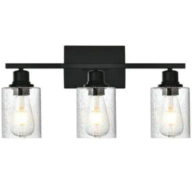 MELUCEE 3-Light Modern Vanity Lighting in Matte Black Finish, Industrial Bathroom Lights Over Mirror with Seeded Glass Shade Indoor Wall Light Fixtures for Bathroom Kitchen (Patent No.: US D963914 S)