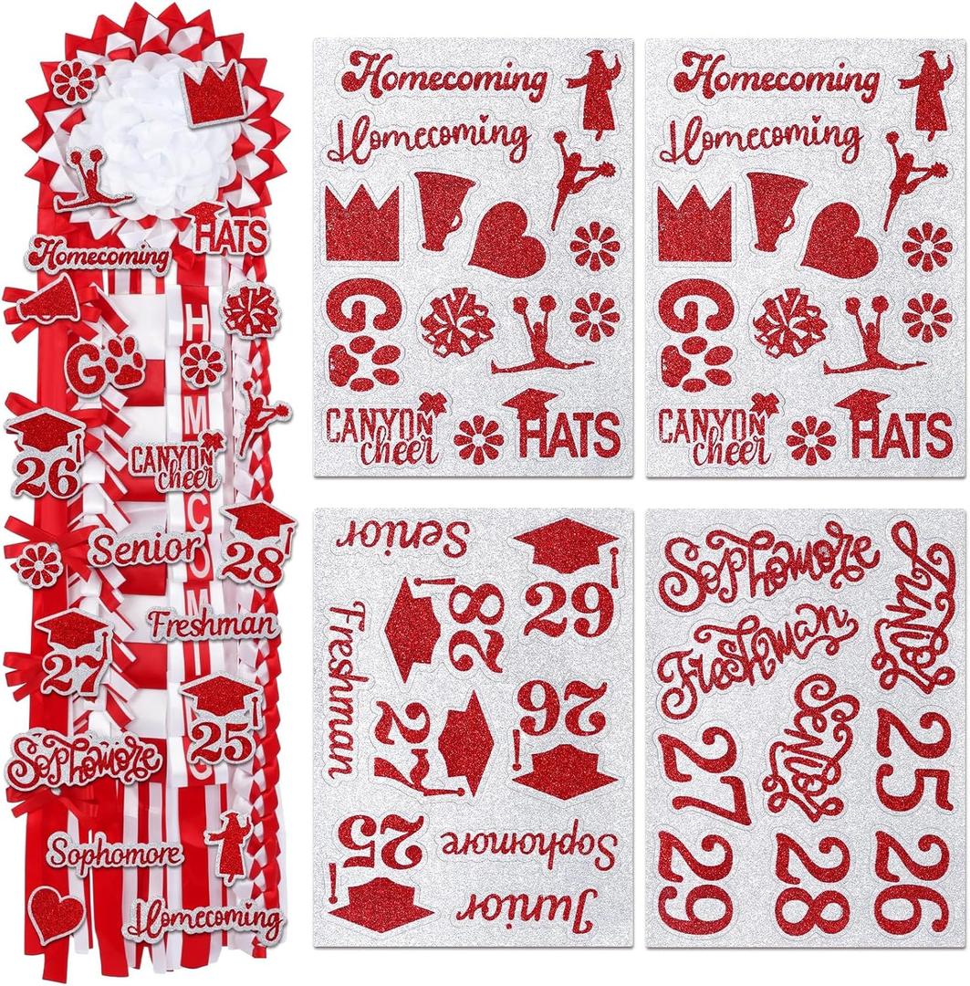 48 Pcs Homecoming Mum Glitter Cut Out Sticker Senior Die Cut Stickers Homecoming Mum Supply Prom Corsage Placard Flowers Embellishment Centerpiece Accessories Game Dance Decor(Red Silver)