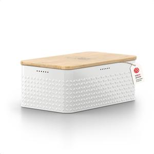 LARS NYSM Bread Box I Metal Box for long lasting freshness I Bread Bin with bamboo lid usable as cutting board I 13.4x7.3x5.3In (Pure White)