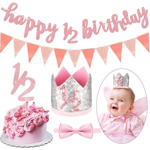 Spakon Glitter Half Birthday 6 Months Happy Birthday Banner Set Happy 1/2 Birthday Baby Boy Girl 1/2 Half Year Cake Topper Triangle Flag Banner 1/2 Birthday Crown Hat Bow Tie (Rose Gold)