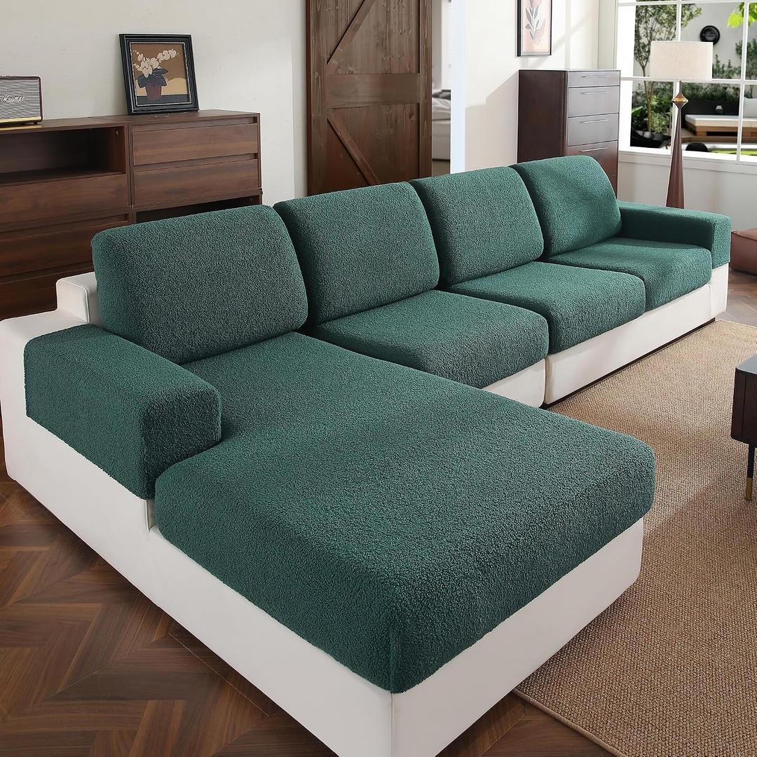 OHSIO Couch Cushion Covers for Sectional Sofa, Stretch Soft Sofa Slipcovers Washable Wear-Resistant Universal Furniture Protector for Living Room(2 Seaters Covers+1 Chaise Cover, Green)