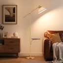 EDISHINE 68" Arc Floor Lamp with Table, Vintage Standing Lamp for Living Room with Tray, Tall Reading Lamp, Beige Shade, Adjustable Arm, Remote Dimmable Bulb Included, for Bedroom Office, Wood Grain