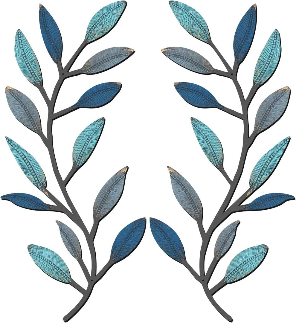 Zhengmy 2 Pieces Metal Tree Leaf Wall Decor Vine Olive Branch Leaf Wall Art Living Room, Hallway Wall Decor Outdoor Decoration(Vintage Blue)