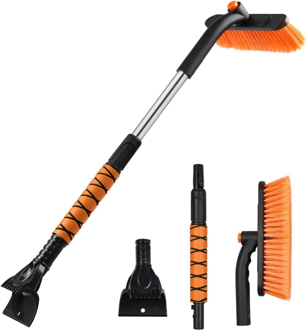 33" Extendable Snow Brush and Ice Scraper for Car Windshield, 2-in-1 Car Snow Brush & Ice Scraper with 360° Pivoting Brush Head and Comfortable Foam Grip for SUV Trucks Sedans,Orange