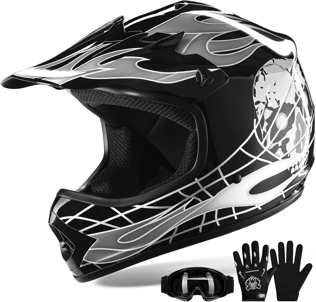 XFMT Youth Dirt Bike Helmet DOT Approved Kids Full Face Motocross Helmets, X-Large (Black, XL)