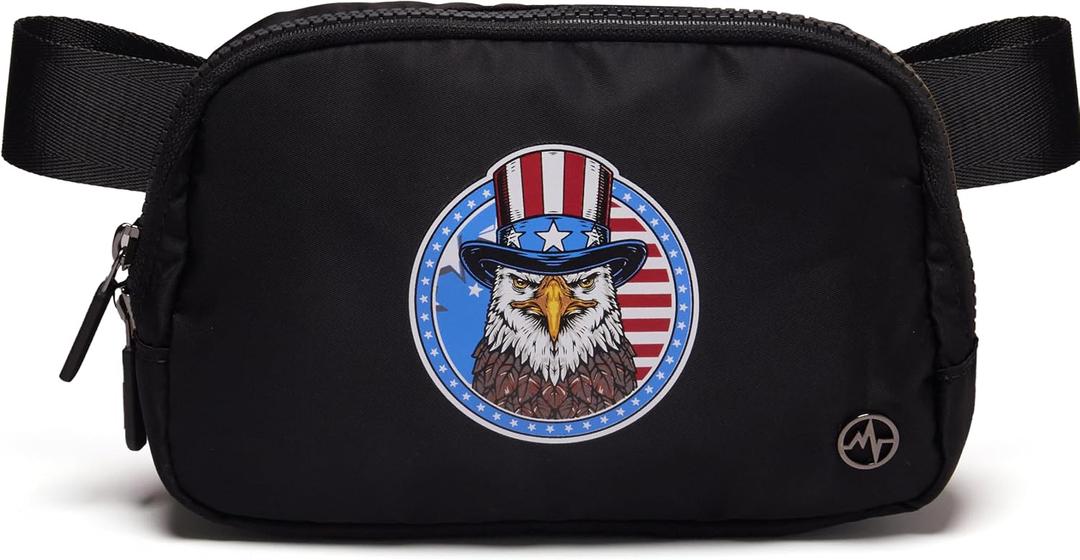 Pander 1L Printed Belt Bag for Women, Nylon Crossbody with Adjustable Strap, 2-Way Zipper, 3 Inner Mesh Pockets, Red Blue White Graphic Style, Black Eagle, Small