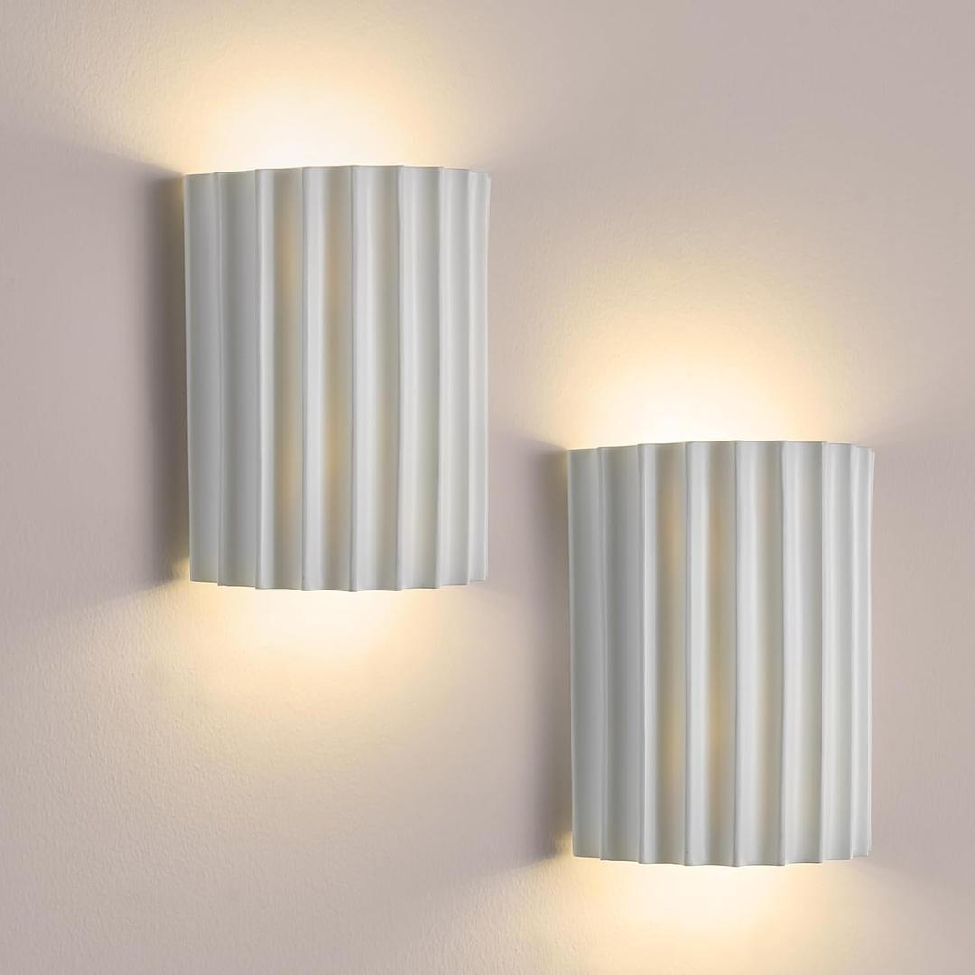 White Resin Modern LED Wall Sconces Set of 2 - Indoor Hardwired Light Fixtures Up and Down Mount for Living Room, Bedroom, Bedside, Hallway With G9 Bulb
