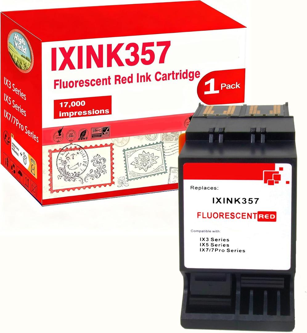 IXINK357 Compatible for IXINK357 Red Ink Cartridge for IX3 IX5 IX7 Pro Series IX-3 IX-5 IX-7 IX-7 Pro Mailing Systems Postage Meter IXINK357 Fluorescent Red Printer Ink Cartridge for Postage Machines