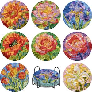 Leatrice Diamond Art Coasters Set of 8, Small Diamond Painting Kits for Adults Beginners Funny Arts Supplies for Women (AB Flower)