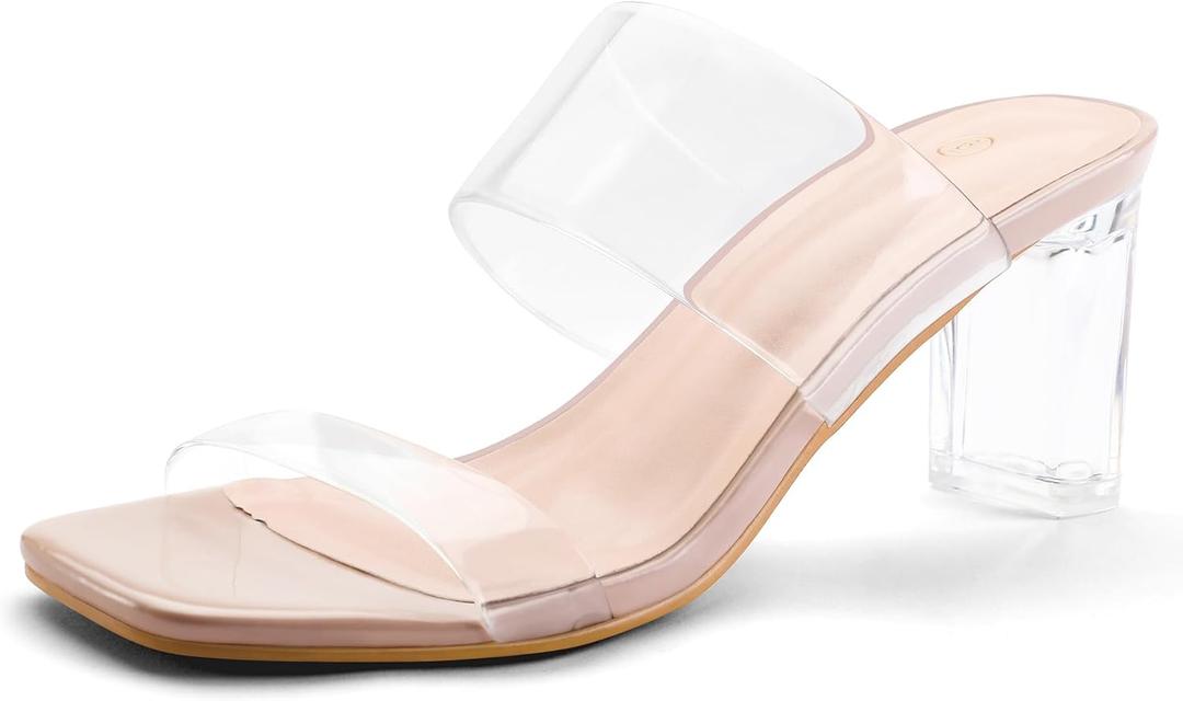 mysoft Clear Heels for Women Transparent Two Strap Block Chunky Square Heel Sandals Open Toe Slip On Sandals (7.5)