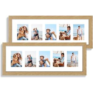 Hongkee 8x24 Picture Frame 2 Pack, Natural Oak Wood Frame with Tempered Glass, Display Pictures Multiple Five 4x6 With Mat or 8 x 24 Without Mat - Horizontal or Vertical Wall Mounting