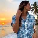 Hawaiian Shirts for Women Soft Cool Hawaiian Shirt Beach Tropic Print V Neck T-Shirt Vacation Button Up Tops (Blue, M)