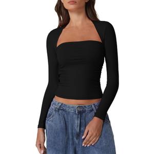 QINSEN Long Sleeve Square Neck Tops for Women Double Lined Side Ruching Going Out Shirts Basic Tee (Large, Black)