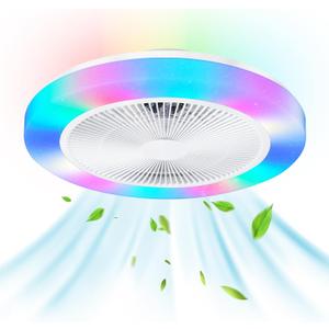 Low Profile Ceiling Fan with Light, 19.6in RGB-LED Dimmable Enclosed Ceiling Fans with APP Control, 6 Speeds Bladeless Flush Mount Enclosed Ceiling Fan for Bedroom Kids Room Party(White)