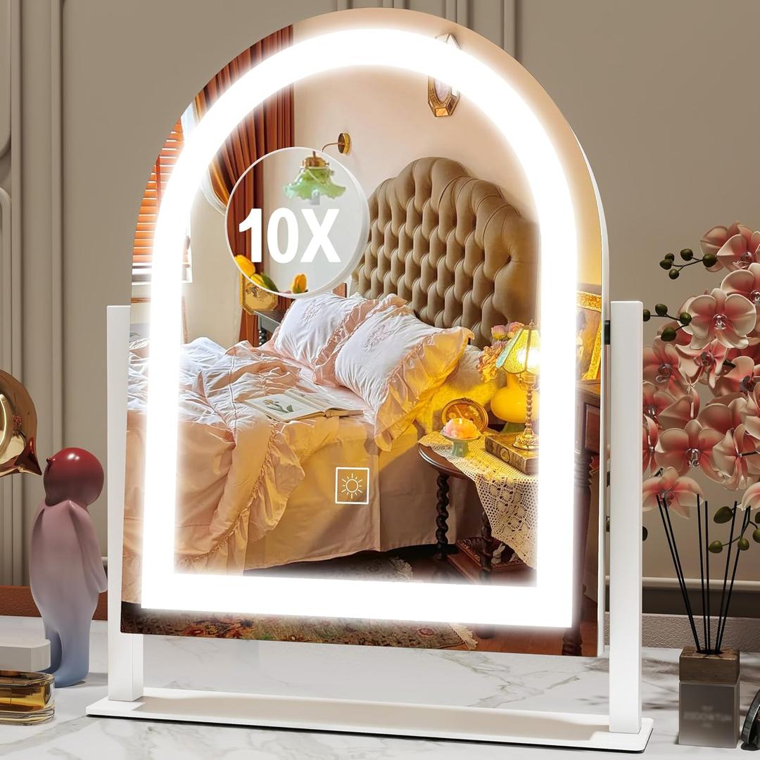 ROLOVE Lighted Makeup Mirror with 3-Color Dimmable Lighting, with Removable 10x Magnifier, Smart Touch Control, 360 Rotation, 15" x 13" Hollywood Vanity Mirror for Tabletop or Desk (White)