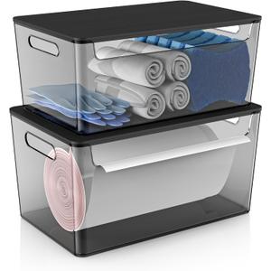 2 Pack Trash Bag Holder Under Sink Stackable, Plastic Garbage Bag Dispenser with Lid, Trash Bag Storage Dispenser Roll Holder for Kitchen, Pantry, Laundry Room Organization (Black)