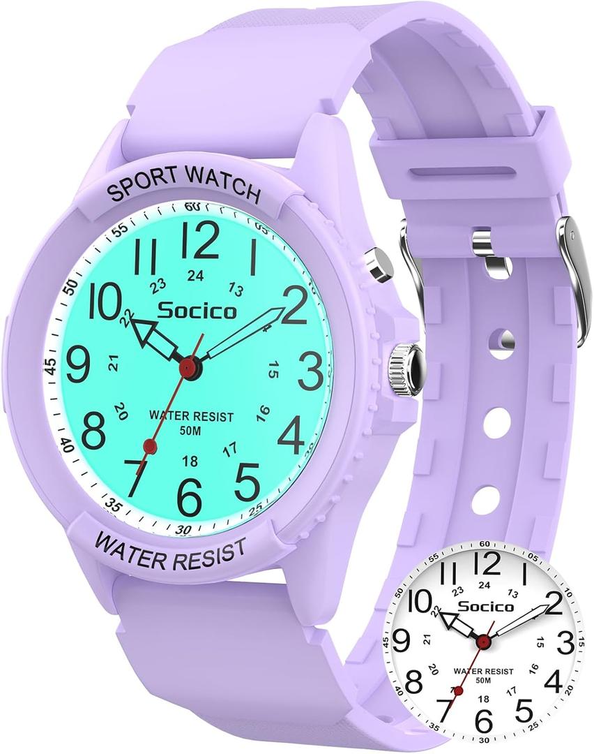 SOCICO Watch for Men Women Big Face Classic Analog Quartz Sports Backlight Unisex Waterproof Nurse Watch for Medical Army Military Time with Second Hand Easy to Read Casual Wristwatch (Purple)
