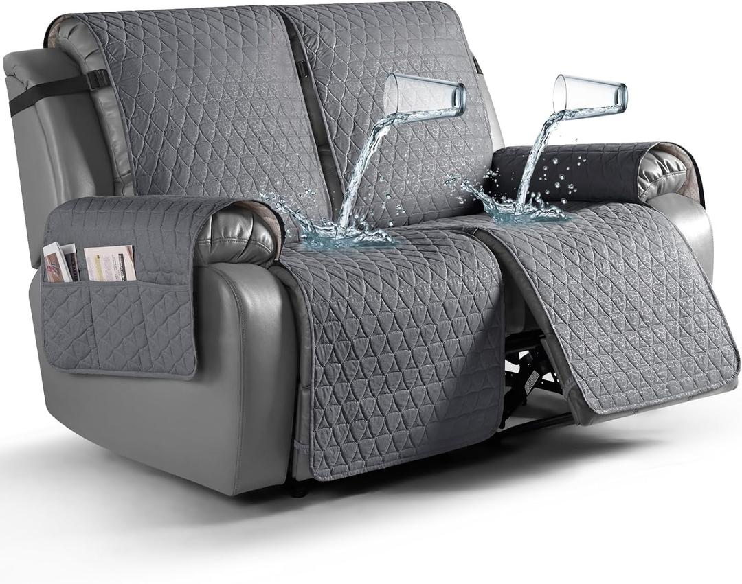 TAOCOCO 100% Waterproof Recliner Cover, Non-Slip Washable Reclining Couch Cover with Elastic Leg Straps, Furniture Protector for Dogs (Dark Gray, 2 Seater)