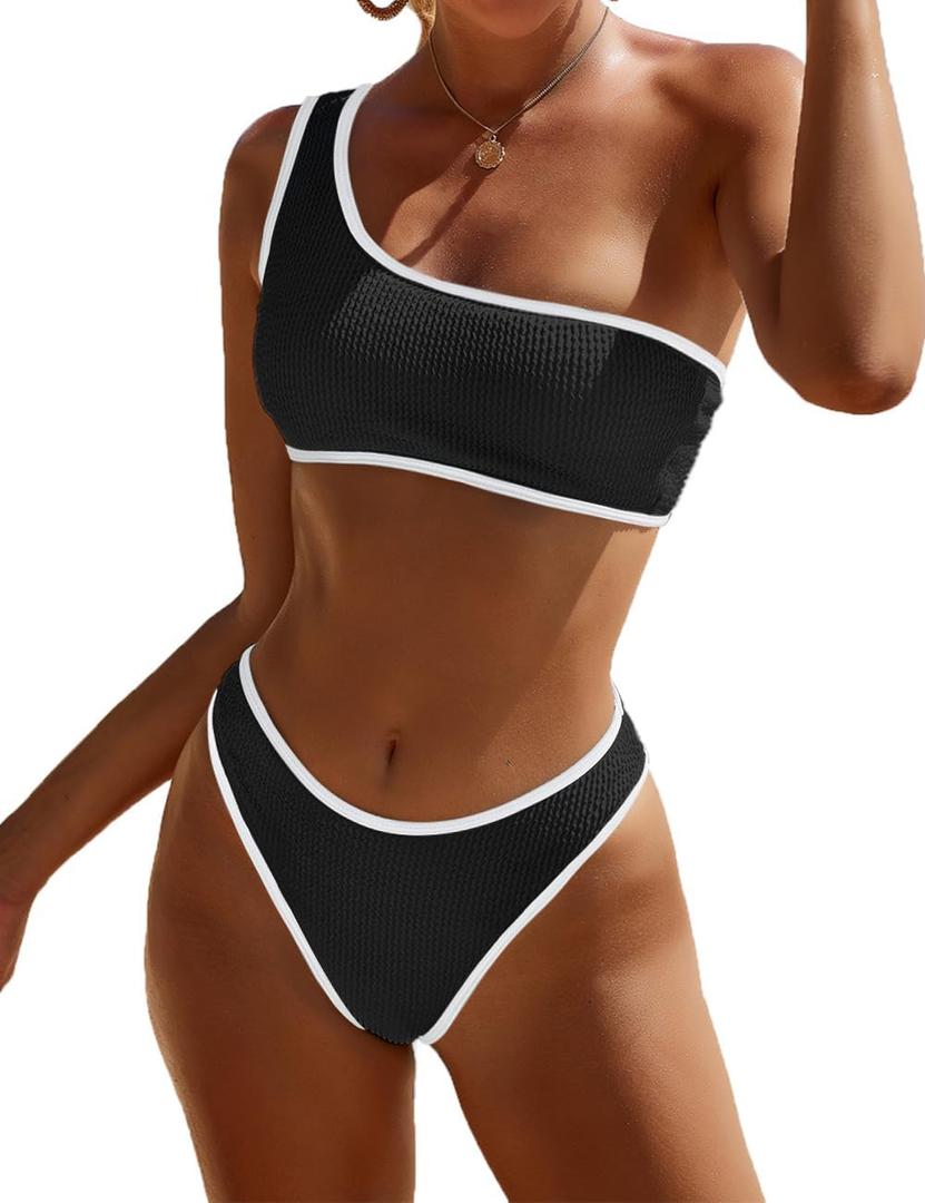 YIMISAN Women's Ribbed Bikini Sets One Shoulder Top with Mid Waist Two Piece Bathing Suit (Medium, Black&white)