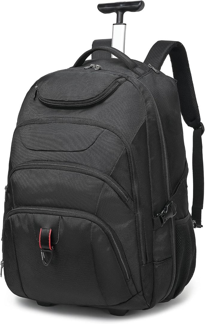 Boavan Wheeled Backpack,18.4 inch Water Resistant Rolling Backpack,Carry on Luggage Business Bag, Overnight College Computer Backpacks Trolley Suitcase for Men Women Adults to TravelBlack