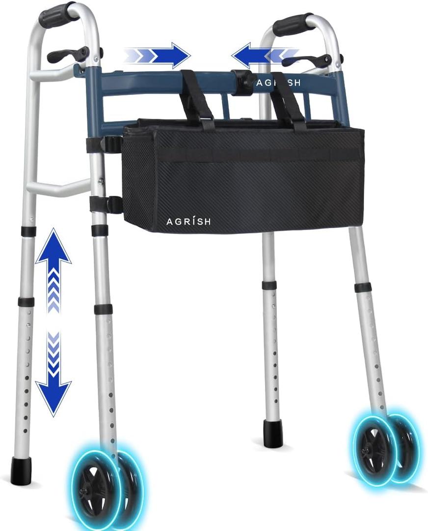 Folding Narrow Walker for Seniors  Width & Height Adjustable Walker, Lightweight Standard Walker for Elderly, Walkers for Seniors, Disabled, Bariatric (Dual-wheel Walker with Bag)