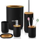 Hommtina Bamboo Bathroom Accessory Set, 6 Pcs bathroom essential Includes Toothbrush Cup, Toothbrush Holder, Soap Dispenser, Soap Dish, Toilet Brush with Holder, Trash Can, with 3 Toothbrushes (Black)
