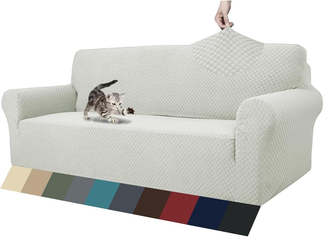 ZNSAYOTX 1 Piece Jacquard Couch Covers for 3 Cushion Couch Living Room High Stretch Sofa Cover Pets Dogs Friendly Anti Slip Thickened Slipcovers Furniture Protector (Large, Ivory)