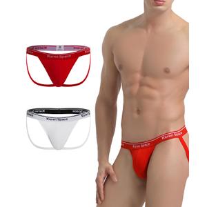 KAREN SPACE Sexy Athletic Supporters Men's Underwear Breathable Jockstrap Mens Cotton Thong,1908SD-2P-White/Red,Medium (M)