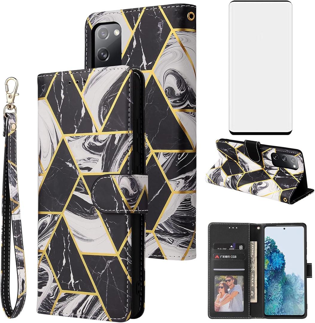 Compatible with Samsung Galaxy S20 Plus Glaxay S20+ 5G Wallet Case and Tempered Glass Screen Protector Flip Card Holder Stand Cell Phone Cases for Gaxaly S20+5G S20plus 20S + S 20 20+ G5 Black