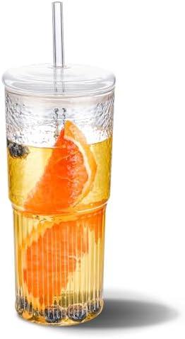 MINGHYZYA 20 OZ Iced Coffee Cup With Glass Lids and Straws,High Borosilicate Glass Tumbler Cup Reusable Wide Mouth Smoothie Cups(Clear,1cup)…